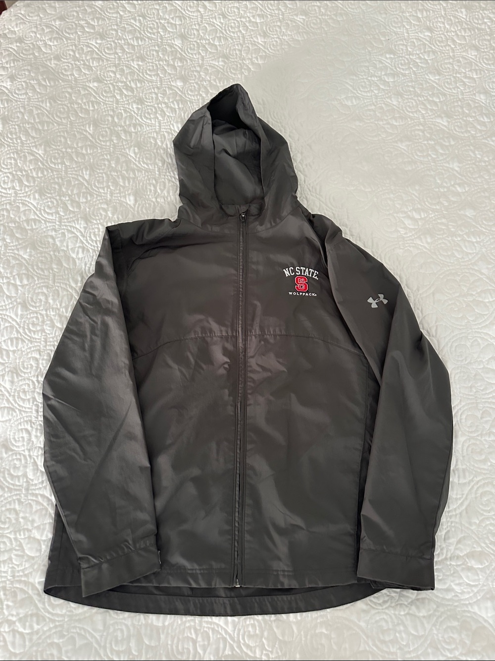 Under Armour Men's Hooded Windbreaker Jacket - Gray with NC State logo